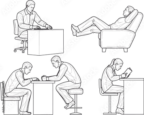 A set of diverse images that depict various postures and activities related to person's daily activities. 