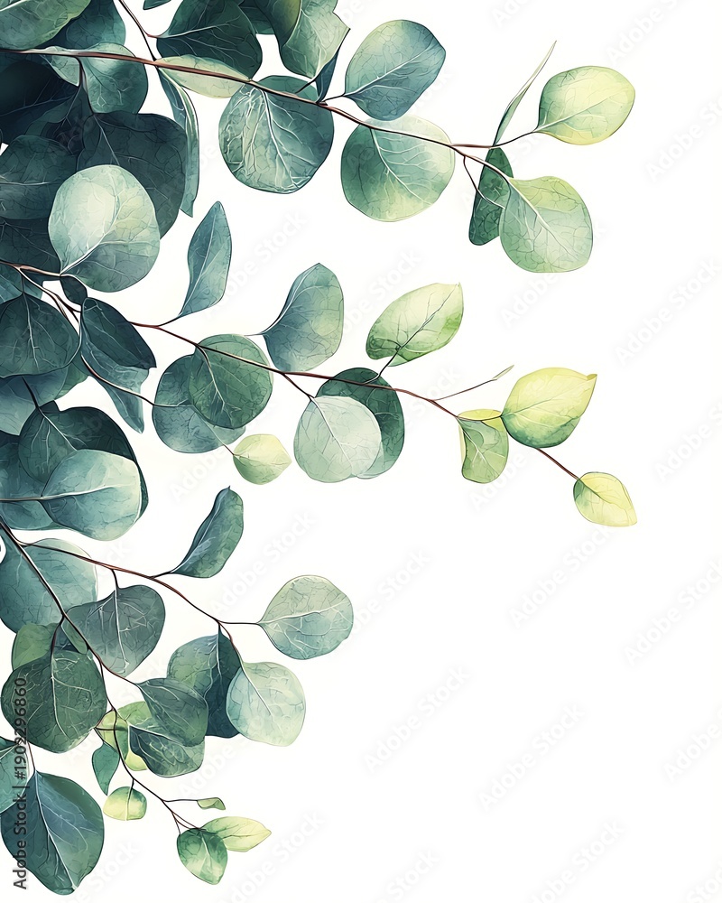 Fototapeta premium Eucalyptus Elegance: A delicate composition showcasing the fresh, verdant beauty of eucalyptus leaves, their rounded forms and subtle shades creating a calming, organic design.