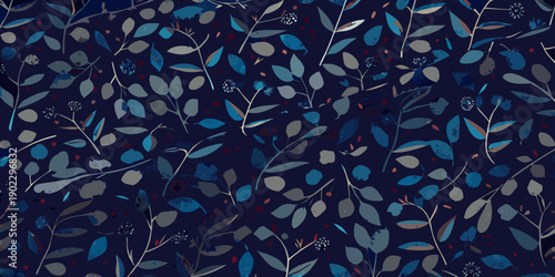 Stylized floral pattern with delicate branches and blue hues