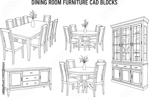 Detailed CAD drawings showcase various dining room furniture designs, presenting a selection of tables, chairs, and a sideboard.
