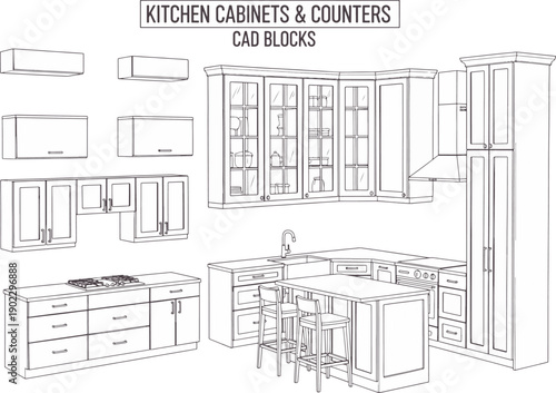 Kitchen cabinets and counters CAD blocks, showcasing a clean and detailed outline of a modern kitchen design.