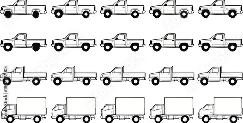 An array of monochrome transportation vehicles, illustrating trucks, and cars showcasing a range of automotive designs. 