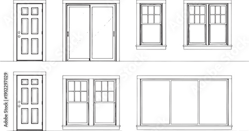 Architectural elements: an array of doors and windows, minimalist design in a schematic outline.