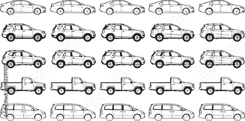 A variety of car silhouette. A comprehensive illustration showcasing various types of automobiles, elegantly rendered in a black and white line art.