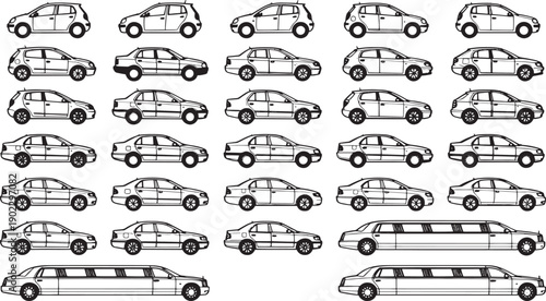 A comprehensive fleet of various car silhouettes showcases an array of vehicles. This illustration provides a versatile resource for automotive and transportation-related projects.