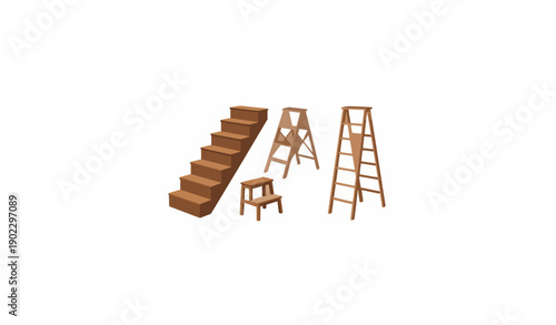Wooden stairs and step ladders for home and construction flat vector set