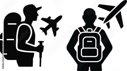 Black silhouette of traveler with backpack and airplane icon