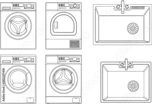 Outlined washing machines and sinks in a clean, minimalist design, ready for any modern-themed use.