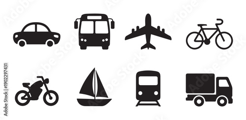 Set of transportation icons including car bus airplane bicycle motorcycle boat train and truck