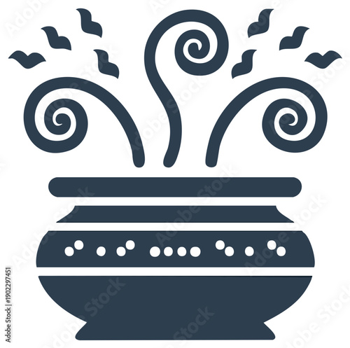 Stylized dark blue cauldron icon with magical swirling steam and decorative pattern, flat design illustration