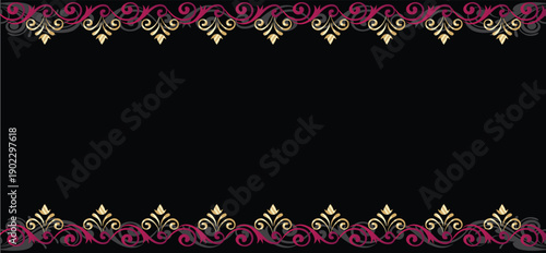 Luxury black background with purple scrollwork and gold floral border ornaments on top and bottom for elegant invitation designs or decorative card templates