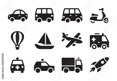 Various transport icons car bus van scooter hot air balloon sailboat airplane ambulance truck rocket