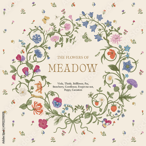 The Flowers of Meadow. Floral wreath. Vector vintage illustration. Inspired by the Renaissance. Colorful