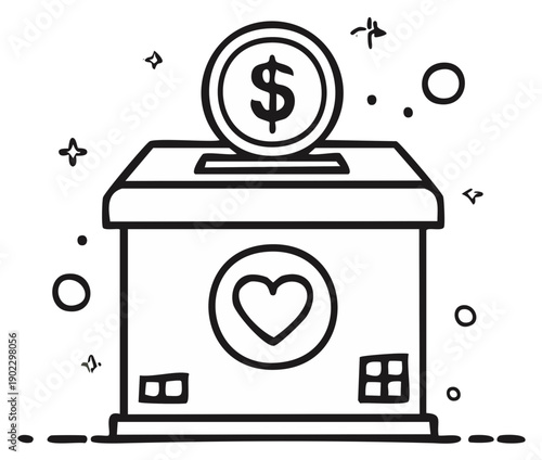Hand drawn illustration of a donation box with a coin and heart symbol for charity and fundraising