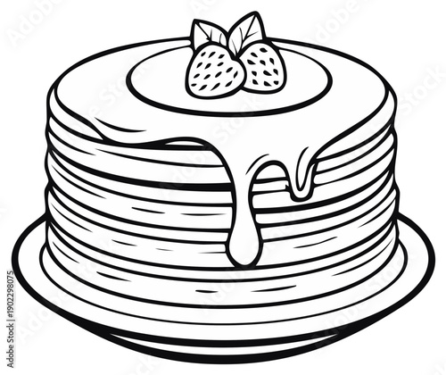 Stack of pancakes with strawberries and syrup, vector illustration.