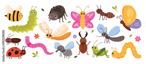 Funny cartoon insects set with bee, butterfly, caterpillar, ant, ladybug, worm, grasshopper and beetle characters for children education and spring design isolated on white background vector