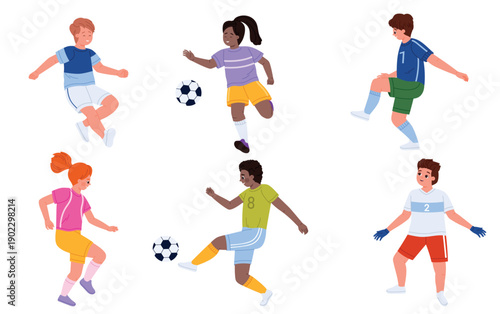 Kids football players in colorful uniforms kicking soccer balls, diverse boys and girls training, running and practicing team sport, isolated on white background vector illustration