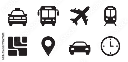 Geometric city transport icon set with taxi bus aircraft train map marker car and clock for digital graphics