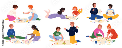 Happy kids painting on floor, drawing pictures with pencils and markers, group children art class, teamwork creativity and learning, kids painting set isolated on white background vector illustration