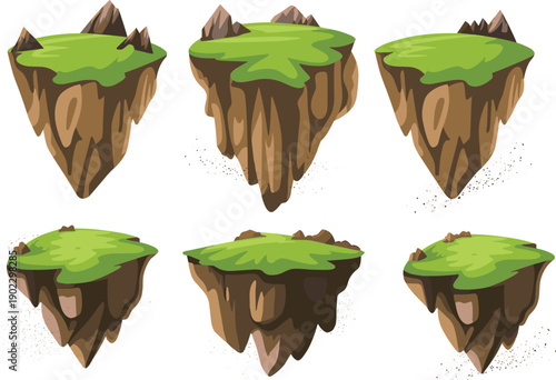 Floating islands, grassy tops, rocky undersides, unique shapes, fantasy terrain, magical landscape, surreal environment, game design asset, digital art, whimsical illustration