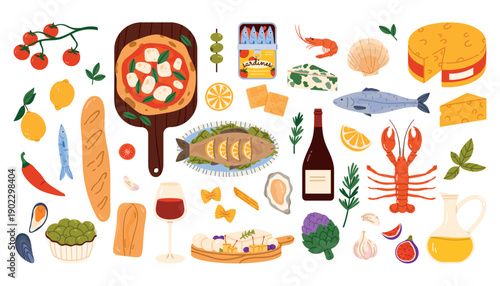 Hand-drawn Mediterranean food icons elements set with pizza, seafood, vegetables, and wine. Traditional Italian and Greek cuisine elements isolated on white background vector illustration