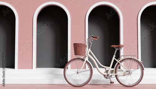 Wallpaper Mural Vintage white bicycle with basket in front of dusty pink arched wall and white stairs for outdoor lifestyle concept Torontodigital.ca