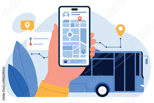 Hand holding smartphone with bus tracking map, route pins, and city bus in background, representing smart public transport management and real-time navigation system vector illustration