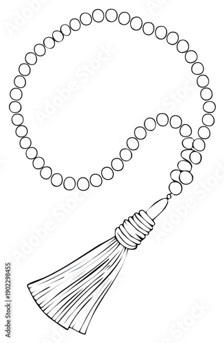 Line art illustration of a beaded prayer mala or rosary with a tassel