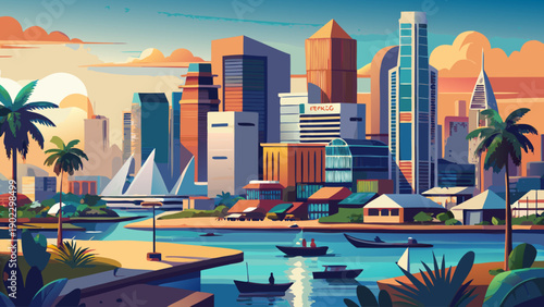 Very beautiful cityscape evoking Cotonou, highlighting coastal urban life, modern development, and energetic atmosphere of Benin’s largest metropolitan center.