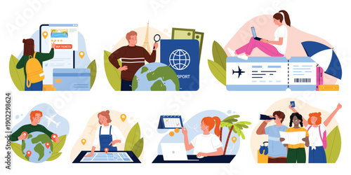 Travel planning concepts set with booking, route searching, itinerary preparation. Tourists organize trips with maps, tickets and online tools isolated on white background vector illustration