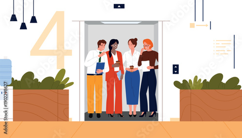 Group of business colleagues and employees talking inside an elevator at the fourth floor, surrounded by office plants and modern decor, isolated on white background vector illustration