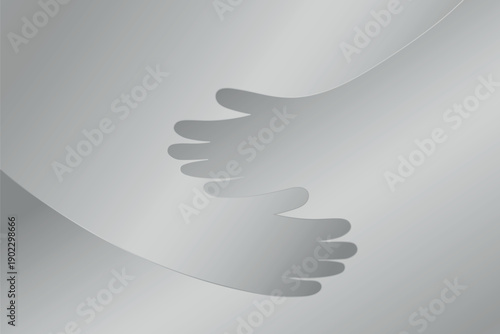 Silver platina abstract background with soft hugging hands shapes, minimal metallic embrace concept for care, support, unity, compassion, charity, mental health, friendship vector illustration