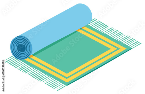 A colorful yoga mat unrolling with fringe detail isometric view