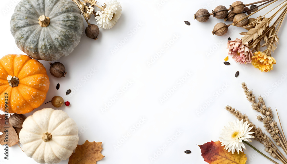 Obraz premium Autumn harvest arrangement with pumpkins, dried flowers, wheat, and leaves on white background