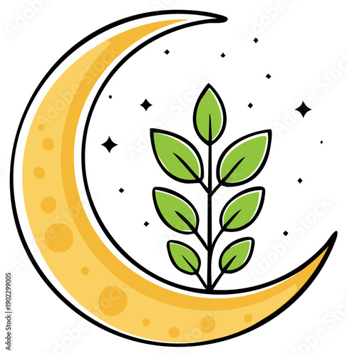 Crescent moon cradles vibrant green plant with delicate leaves and tiny stars scattered
