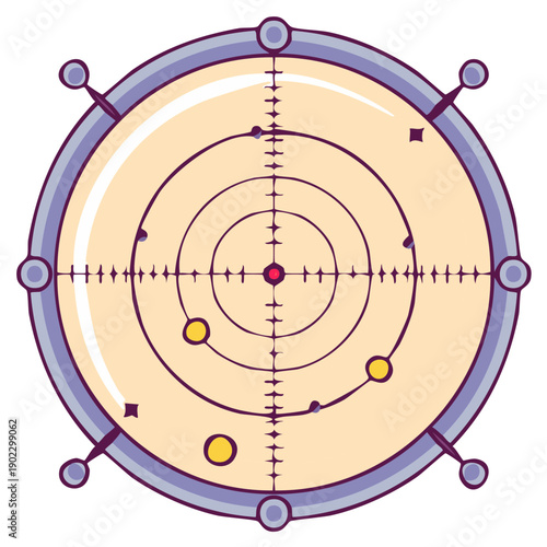 Retro futuristic radar scope with crosshairs and moving blips on a circular navigation screen
