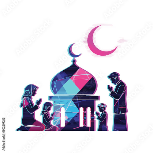 Muslim family praying together in front of a mosque during Ramadan, crescent moon in the sky