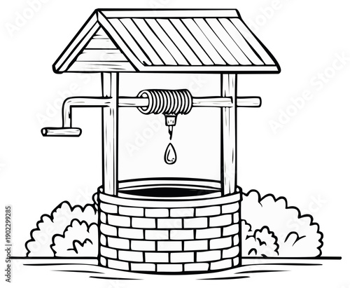Rustic wishing well with crank mechanism drawing