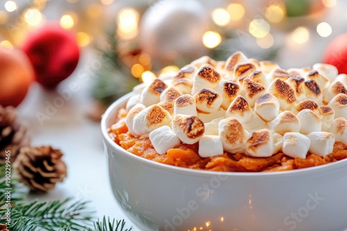 Festive sweet potato casserole with toasted marshmallows and holiday decorations