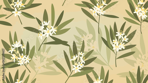 Delicate White Jasmine Flowers with Green Leaves on Textured Beige Background Pattern