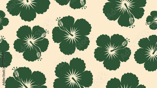 Green Hibiscus Flower Pattern on Beige Background, Tropical Floral Design