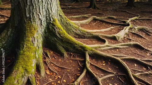 Ancient Tree Root System Visible Above Forest Floor, Detailed Close-Up of Exposed Roots and Soil Texture.