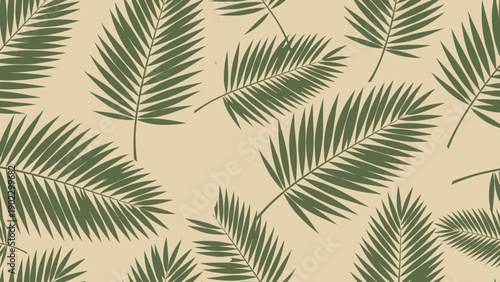 Green Palm Fronds Pattern on Beige Background - Tropical Leaf Design