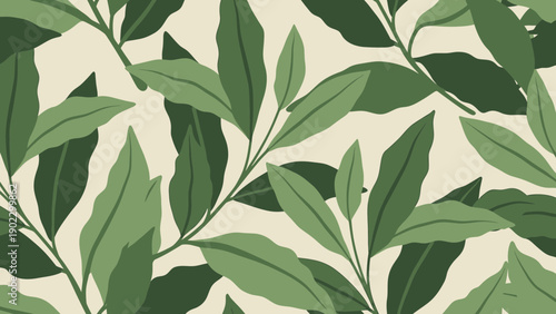 Seamless Pattern of Green Leaves on Creamy Background - Botanical Illustration