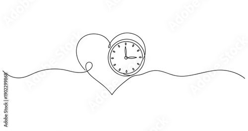 Continuous line art of clock and heart symbolizing timeless love. No editable stroke