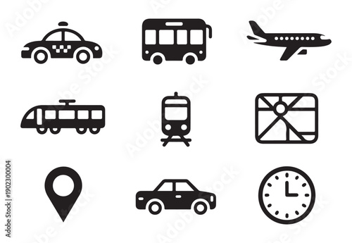 Modern transportation icon collection featuring taxi bus airplane tram train map car and clock symbol elements