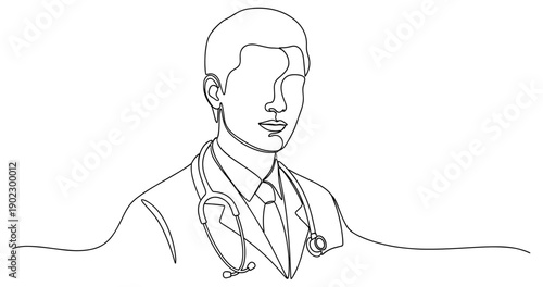 Line art of male doctor with stethoscope. No editable stroke