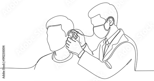 Doctor checking young male patient's ear during medical examination. No editable stroke