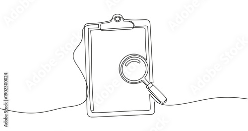 Continuous line art: clipboard and magnifying glass symbolizing analysis. No editable stroke