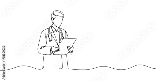 Line art of male caucasian doctor reviewing medical chart. No editable stroke